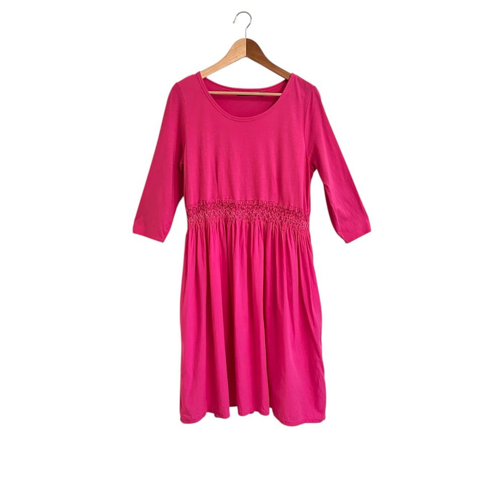 Gudrun Sjoden Jersey Dress Smocked Waist Sz Large Pockets Lagan Artsy Hot Pink